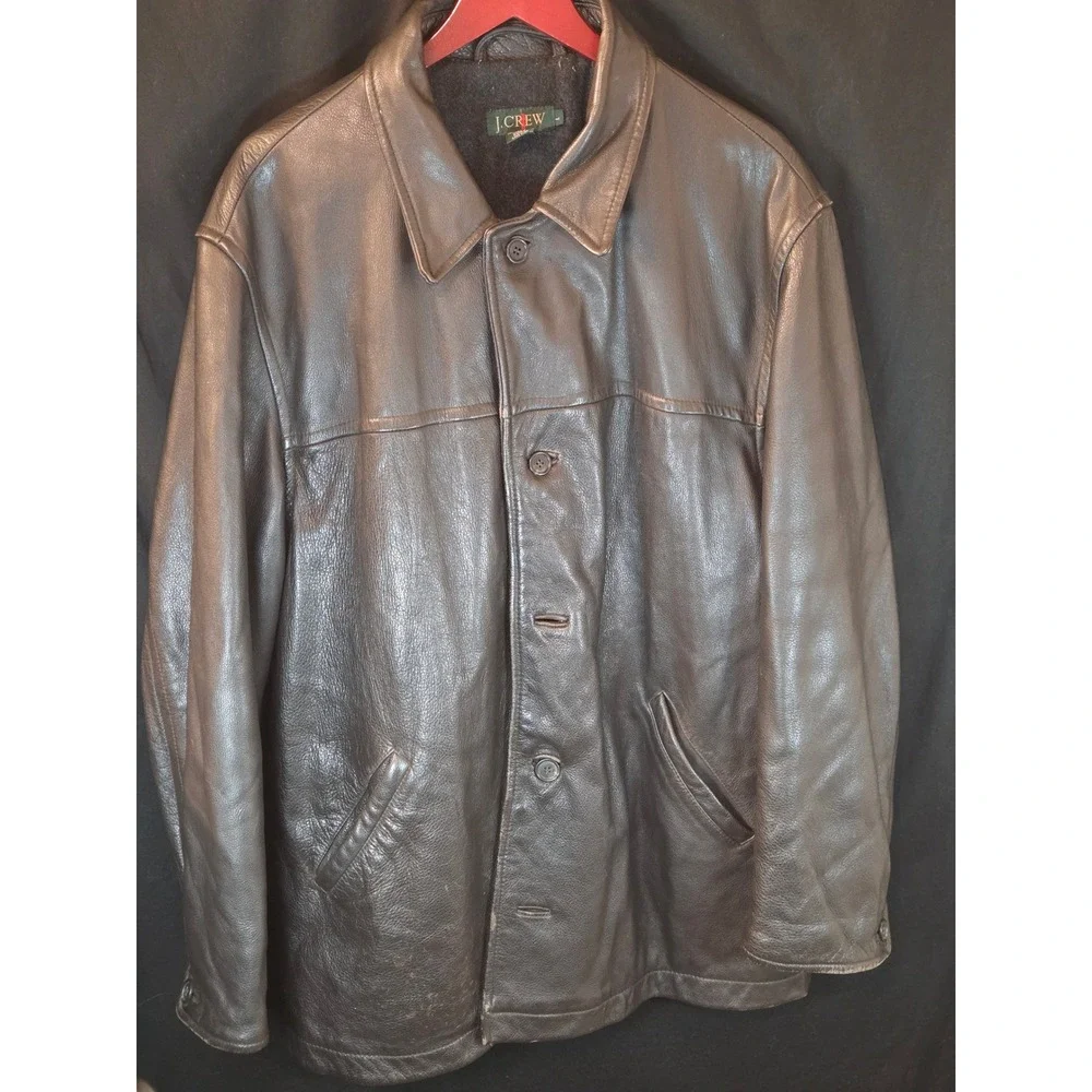 J Crew Vintage Mens Brown Leather Button Front Lined Jacket Size‎ L